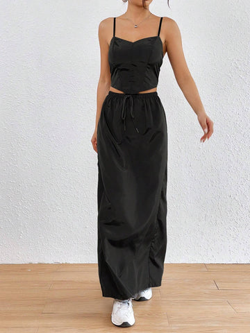 Solid Cami Top & Drawstring Waist Skirt
