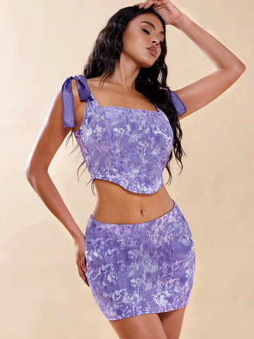 Floral Print Tie Shoulder Wide Strap Top & Bodycon Skirt