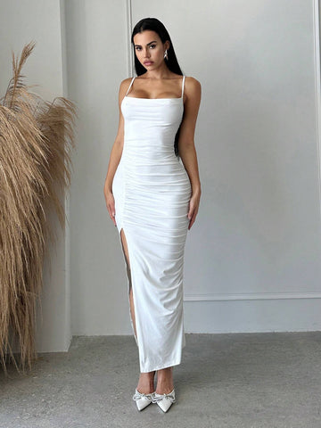 Solid Ruched Split Thigh Cami Dress