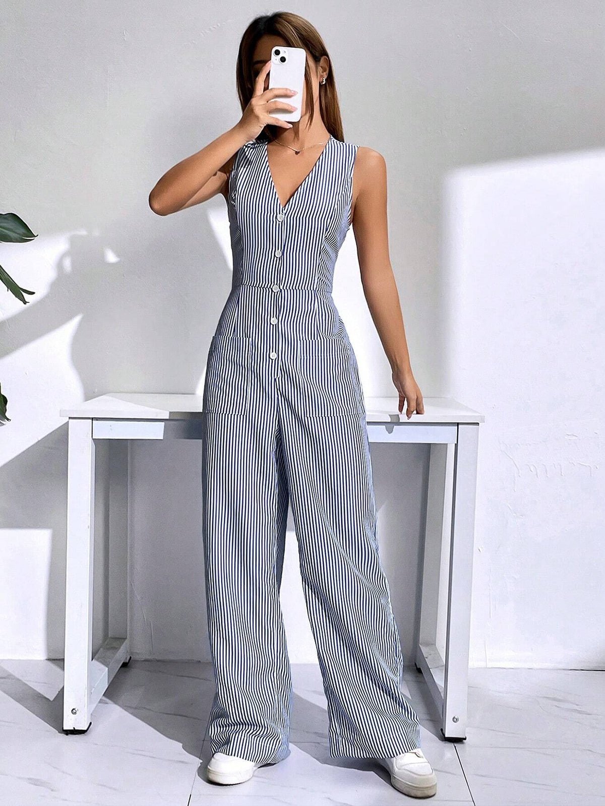 Button Front Wide Leg Jumpsuit