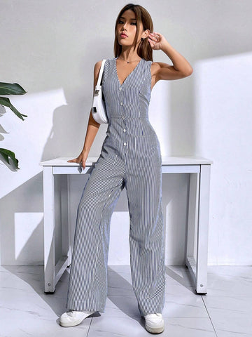 Button Front Wide Leg Jumpsuit