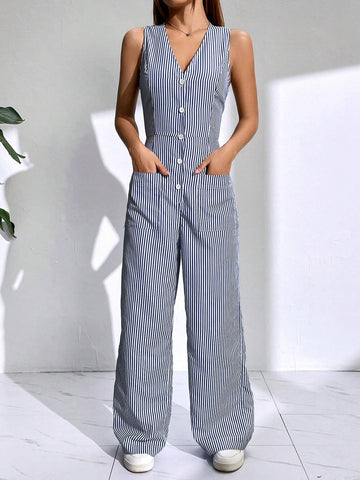 Button Front Wide Leg Jumpsuit