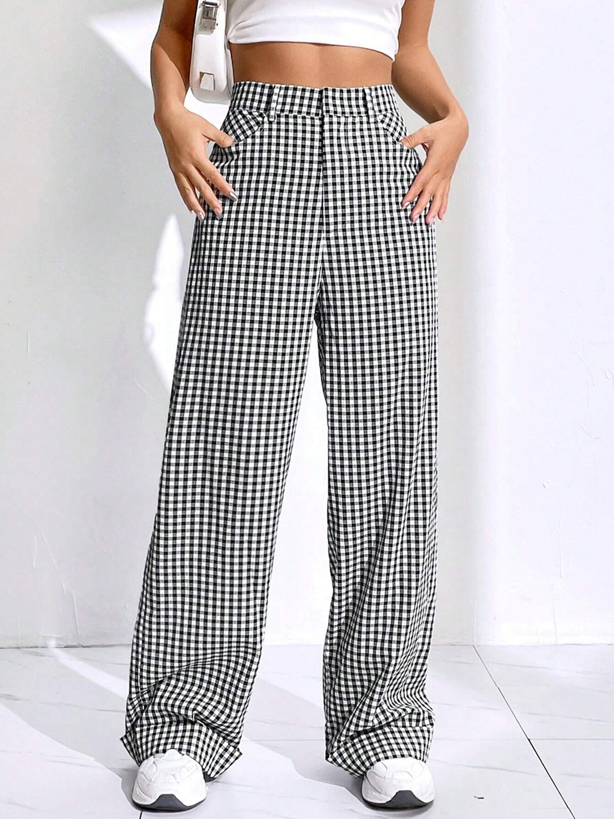 EZwear Gingham Print Straight Leg Pants