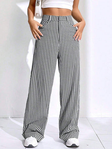 EZwear Gingham Print Straight Leg Pants