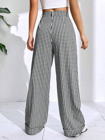 EZwear Gingham Print Straight Leg Pants