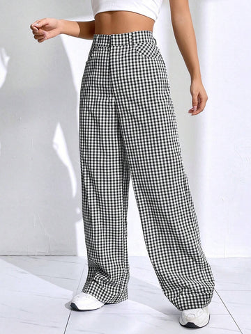 EZwear Gingham Print Straight Leg Pants
