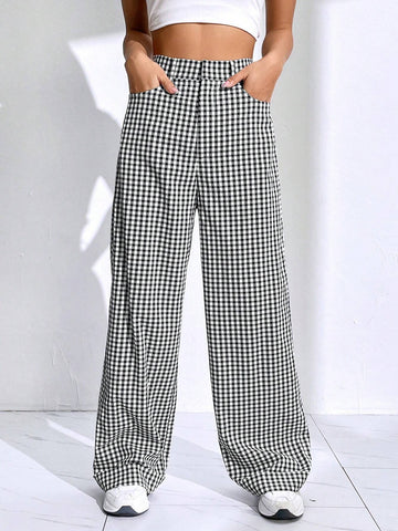 EZwear Gingham Print Straight Leg Pants