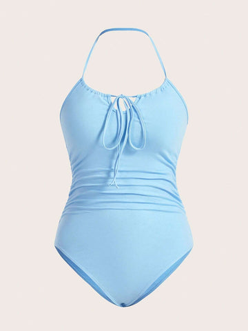 Tie Front Ruched Halter Bodysuit