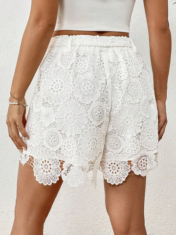 VCAY Guipure Lace Belted Shorts