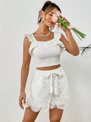 VCAY Guipure Lace Belted Shorts