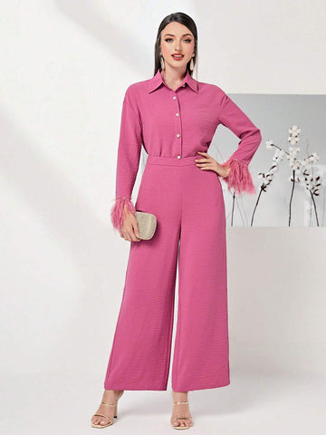 Fuzzy Cuff Shirt & Wide Leg Pants