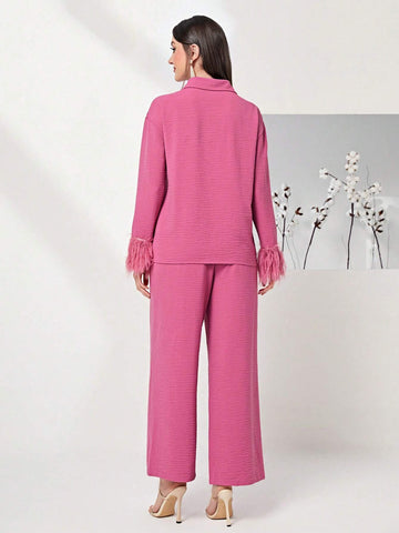 Fuzzy Cuff Shirt & Wide Leg Pants