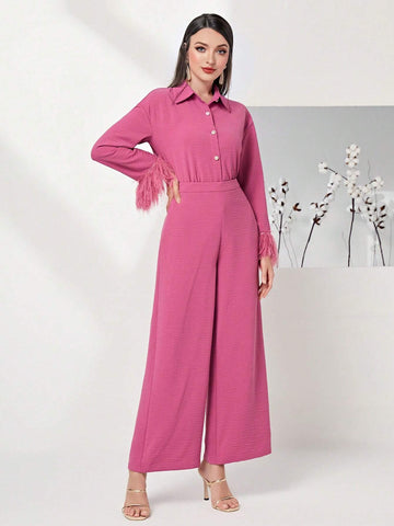 Fuzzy Cuff Shirt & Wide Leg Pants