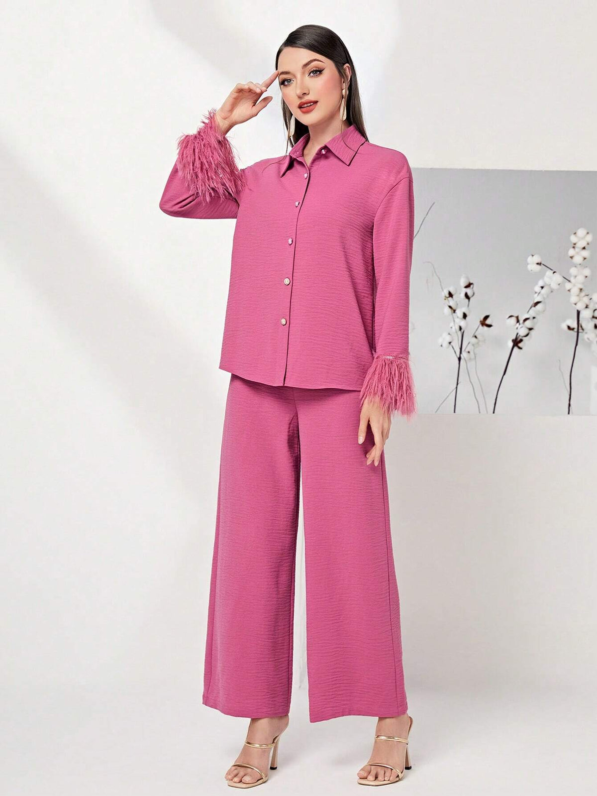 Fuzzy Cuff Shirt & Wide Leg Pants