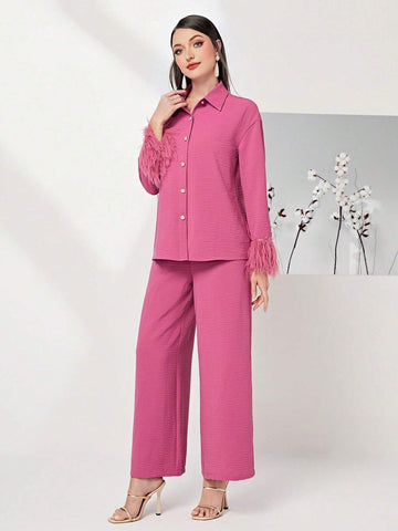 Fuzzy Cuff Shirt & Wide Leg Pants