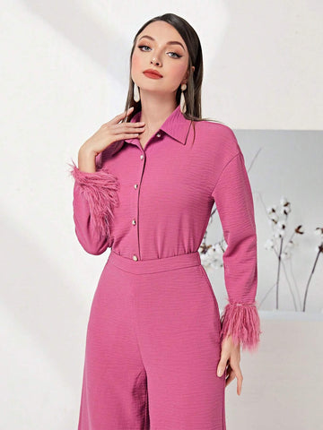 Fuzzy Cuff Shirt & Wide Leg Pants