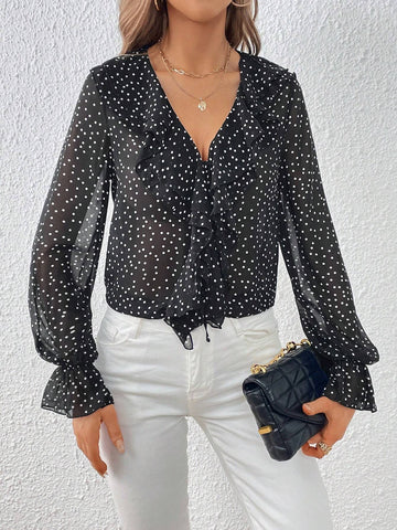 Polka Dot Print Ruffle Trim Flounce Sleeve Blouse