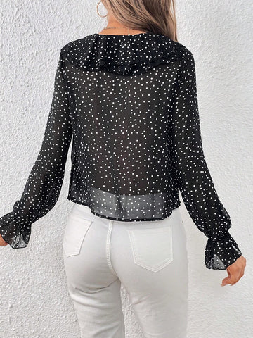 Polka Dot Print Ruffle Trim Flounce Sleeve Blouse