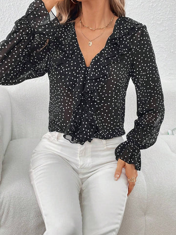 Polka Dot Print Ruffle Trim Flounce Sleeve Blouse
