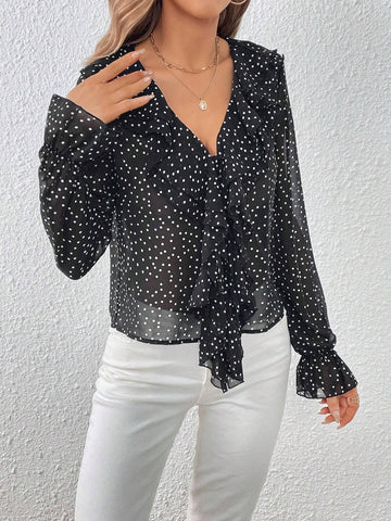 Polka Dot Print Ruffle Trim Flounce Sleeve Blouse