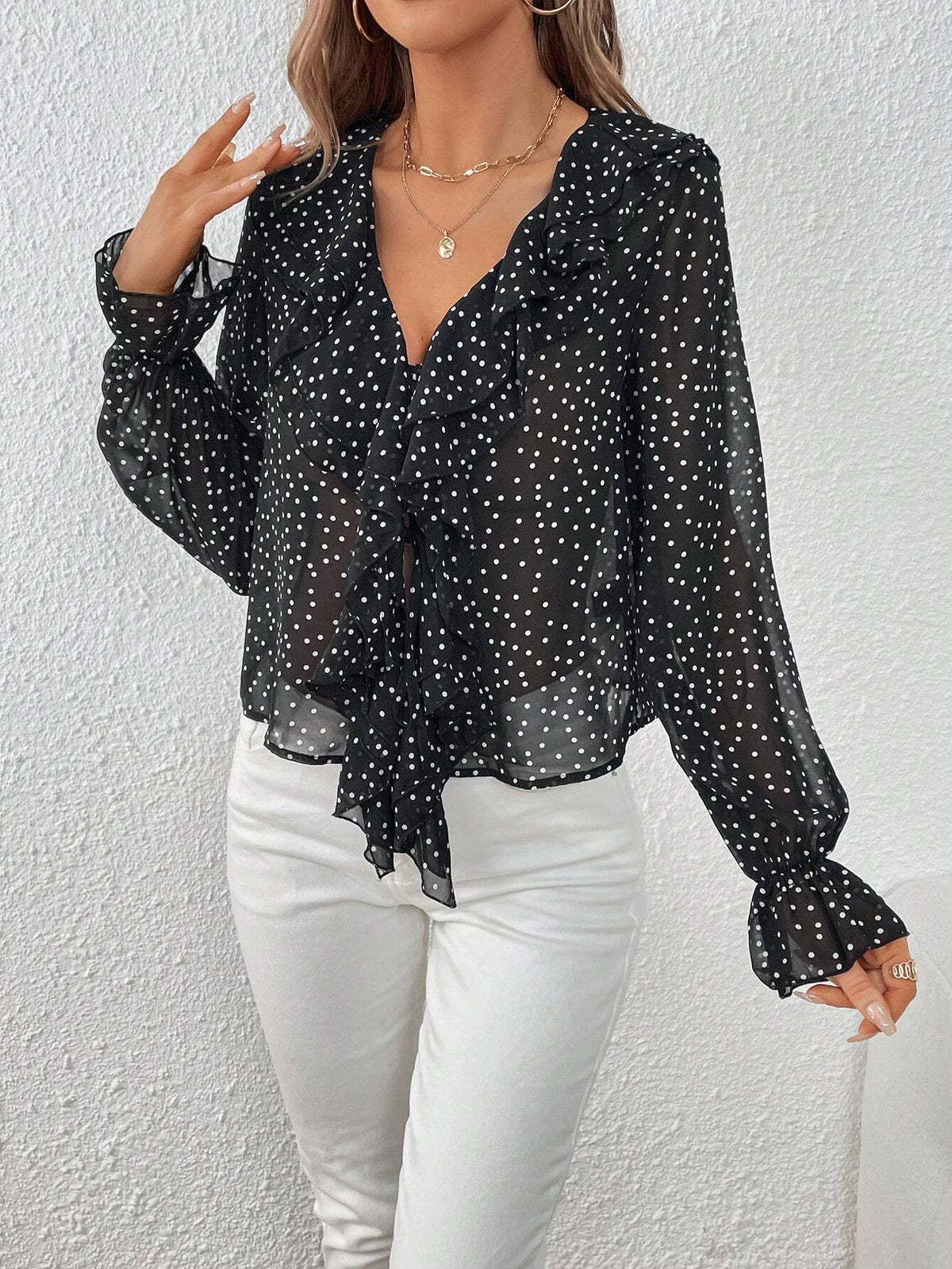 Polka Dot Print Ruffle Trim Flounce Sleeve Blouse