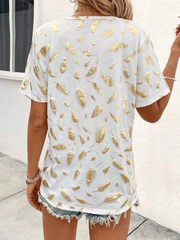 Feather Print Batwing Sleeve Tee