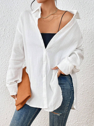 Solid Drop Shoulder Button Front Shirt