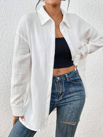 Solid Drop Shoulder Button Front Shirt