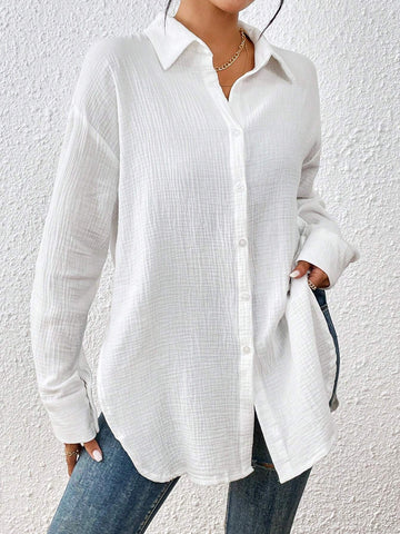 Solid Drop Shoulder Button Front Shirt