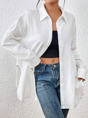 Solid Drop Shoulder Button Front Shirt