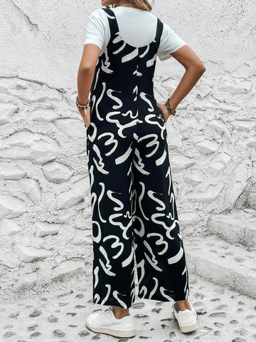 Allover Print Slant Pocket Overall Jumpsuit Without Tee