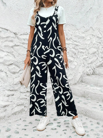 Allover Print Slant Pocket Overall Jumpsuit Without Tee