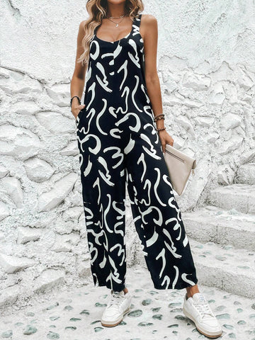 Allover Print Slant Pocket Overall Jumpsuit Without Tee