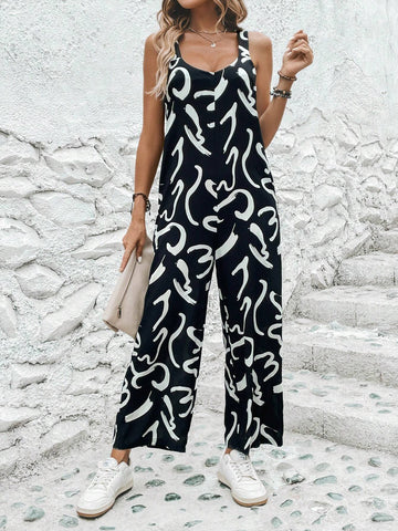 Allover Print Slant Pocket Overall Jumpsuit Without Tee
