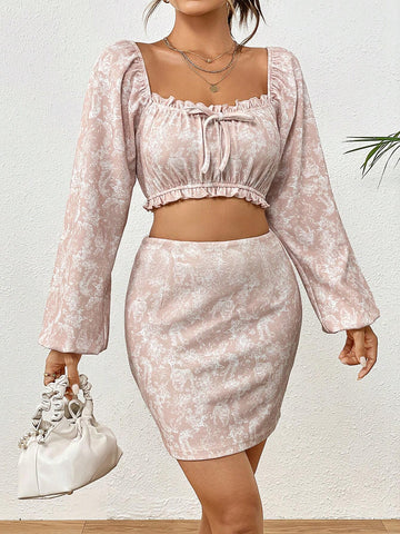 Floral Jacquard Frill Trim Lantern Sleeve Crop Top & Skirt