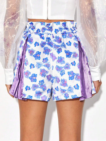Floral Print Fold Pleated Detail Wide Leg Shorts