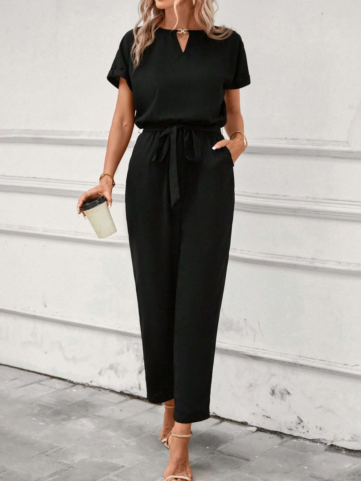 Keyhole Neckline Batwing Sleeve Belted Jumpsuit
