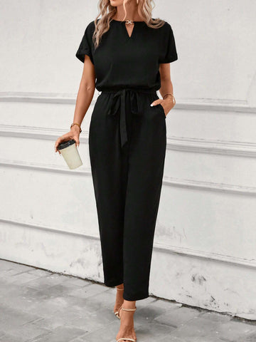 Keyhole Neckline Batwing Sleeve Belted Jumpsuit
