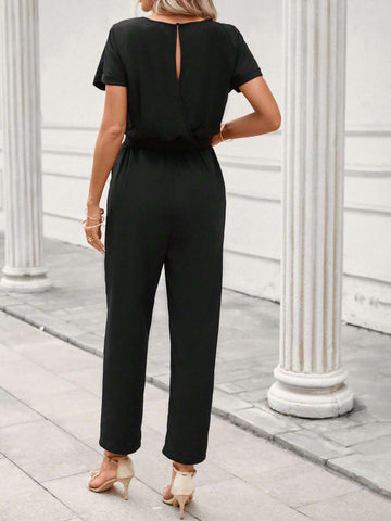 Keyhole Neckline Batwing Sleeve Belted Jumpsuit