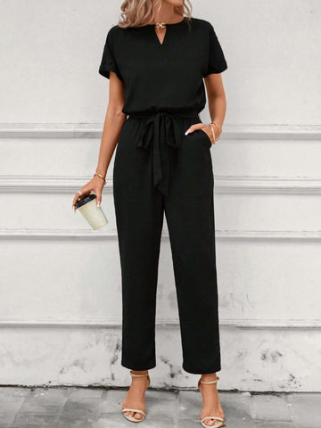 Keyhole Neckline Batwing Sleeve Belted Jumpsuit