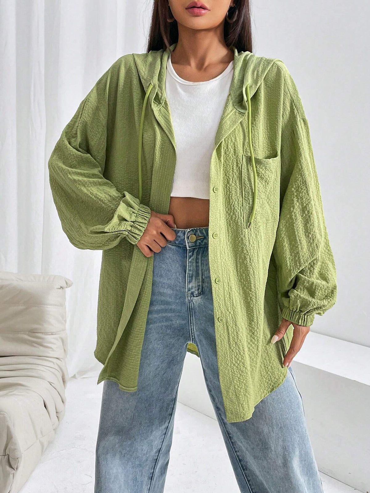 Drop Shoulder Drawstring Hooded Shirt