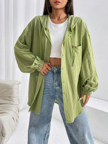 Drop Shoulder Drawstring Hooded Shirt