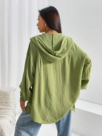 Drop Shoulder Drawstring Hooded Shirt