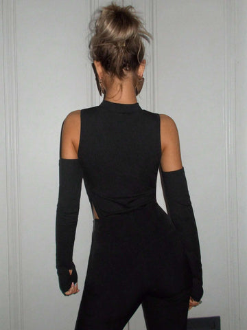 Cut Out Cold Shoulder High Cut Bodysuit