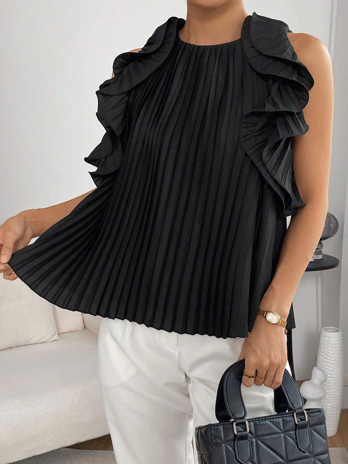 Ruffle Trim Pleated Detail Sleeveless Blouse