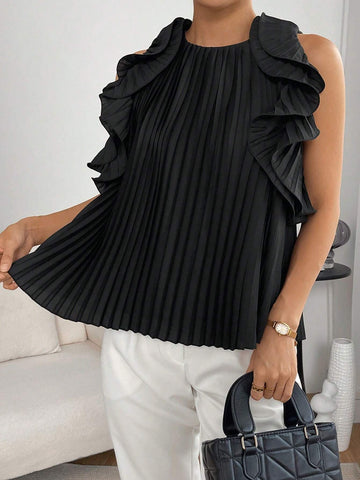 Ruffle Trim Pleated Detail Sleeveless Blouse