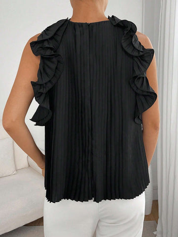 Ruffle Trim Pleated Detail Sleeveless Blouse