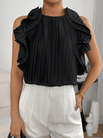 Ruffle Trim Pleated Detail Sleeveless Blouse