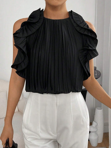 Ruffle Trim Pleated Detail Sleeveless Blouse