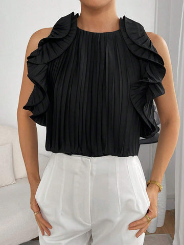 Ruffle Trim Pleated Detail Sleeveless Blouse